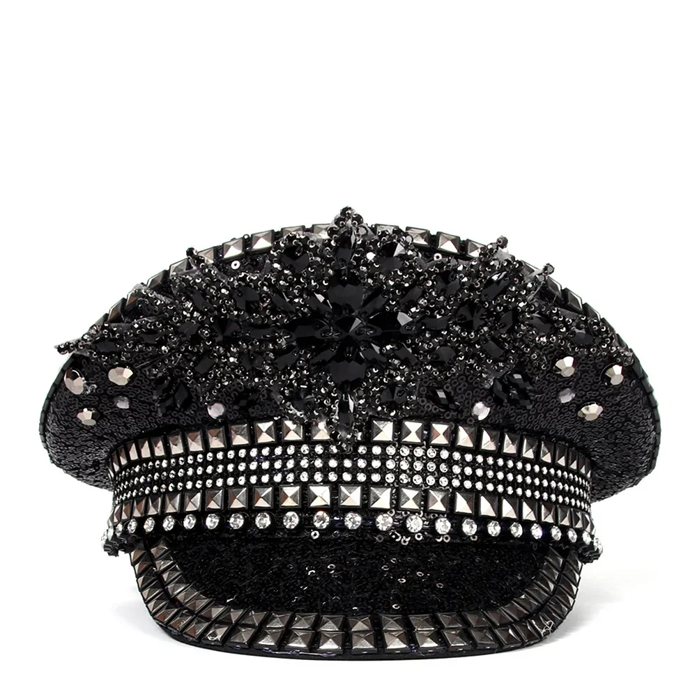 Fashion Women Bride Military Hat Black Sequin Burning Bridal Captain Sergeant Hat Luxury Rhinestone Festival Birthday Part Hat