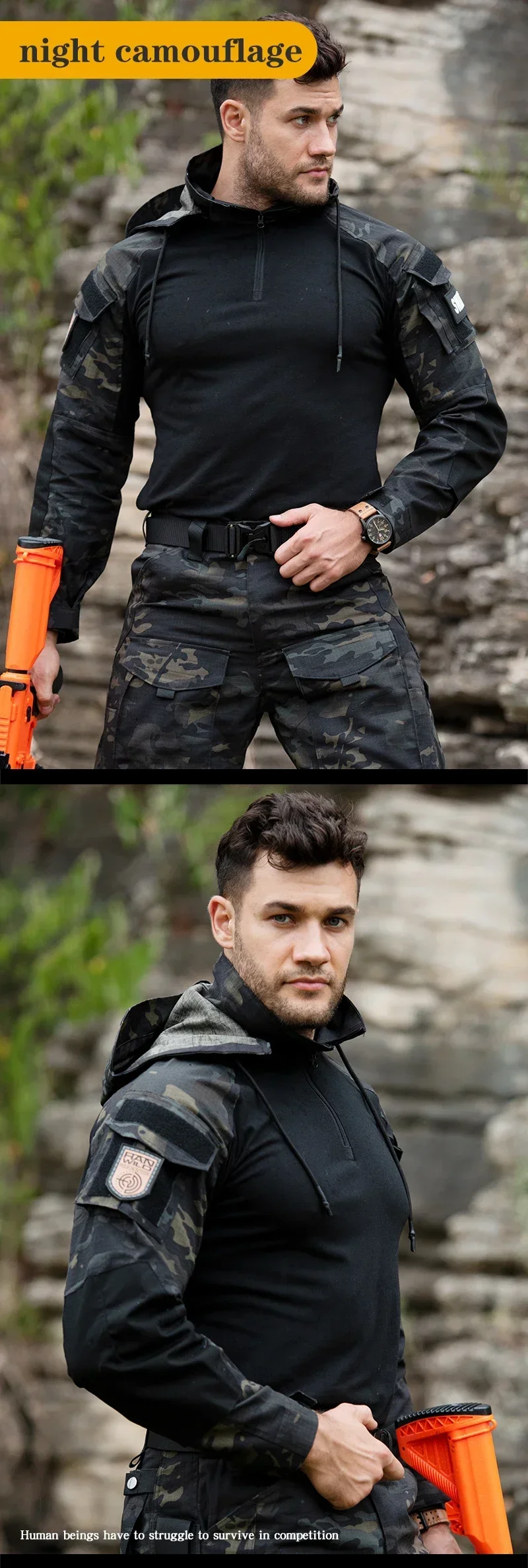 Jagd Taktische Kleidung Neue Männer Arbeitskleidung Pads Uniform Multi Taschen Kampf Camo Shirts Mit Kapuze Cargo Hosen Atmungsaktive Kleidung – Detail 8