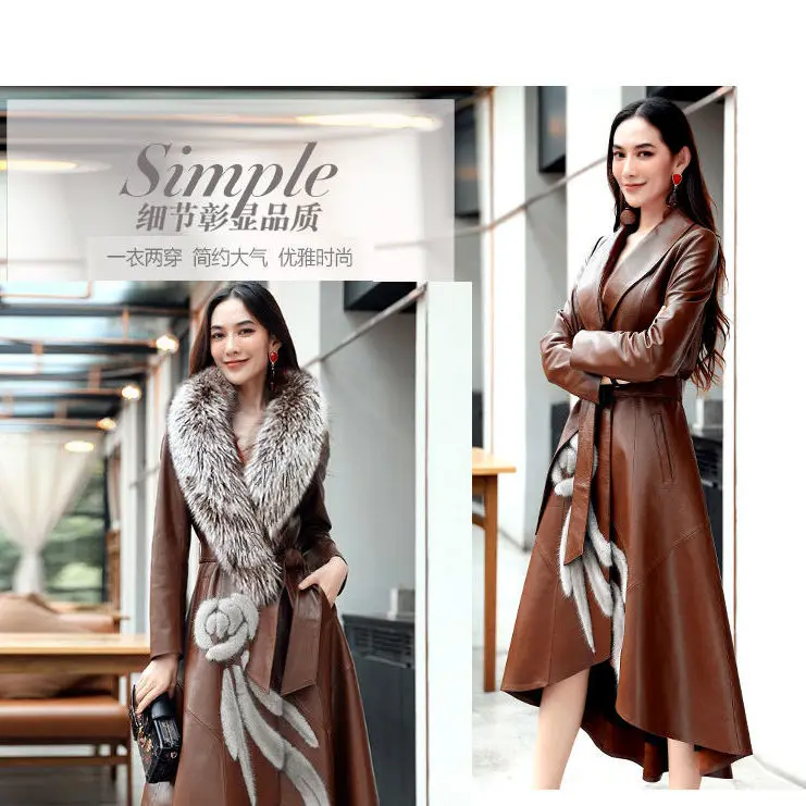 2022 autumn and winter new leather coat women's long over the knee Korean version slim plus size fox fur trench coat trendy