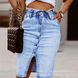 2023 Womens Skirts New Elastic Waist Button Denim Skirt for Women