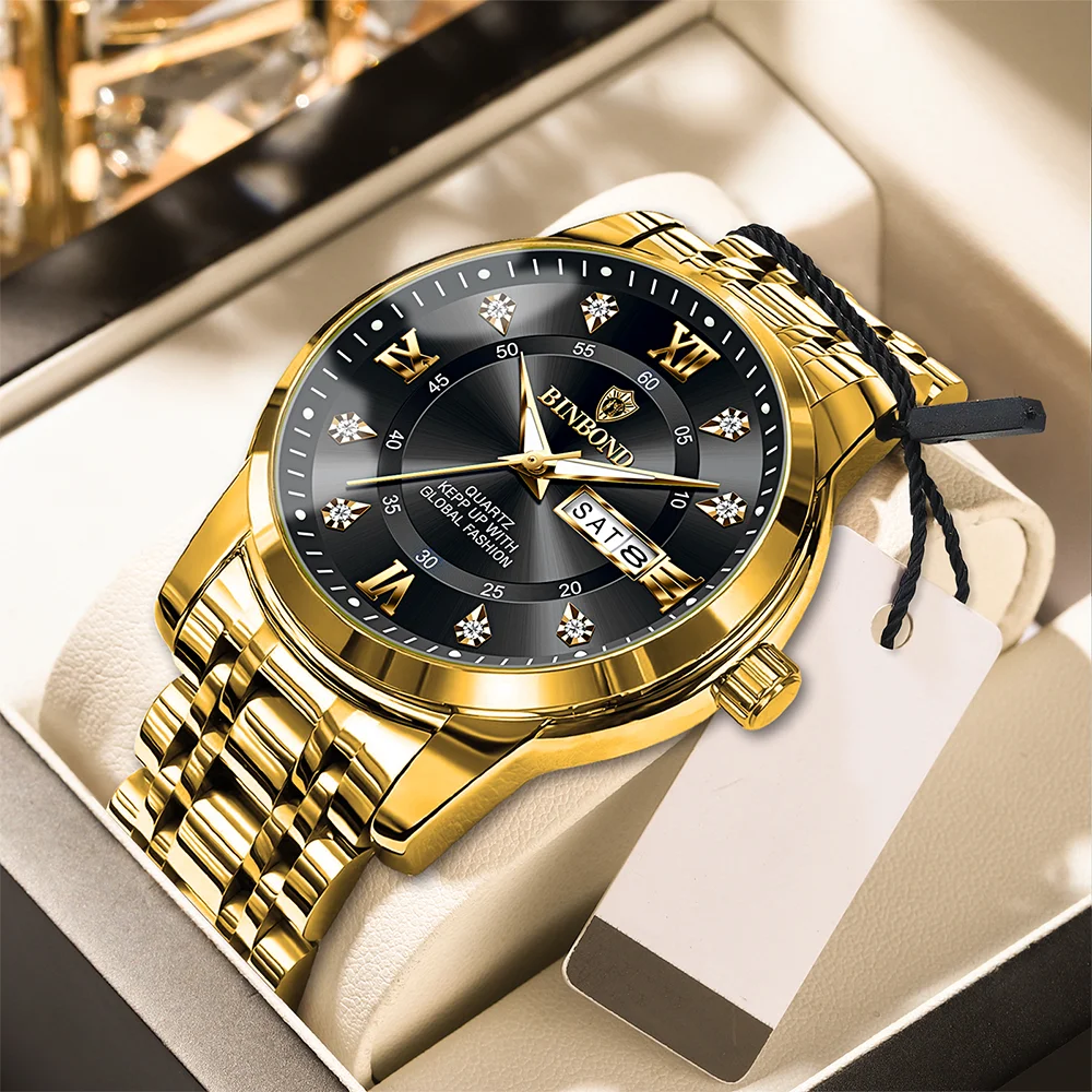 2024 New BINBOND Luxury Watch Fashion Waterproof Male Clock Luminous Date Stainless Steel Round Quartz Men Watch reloj hombre