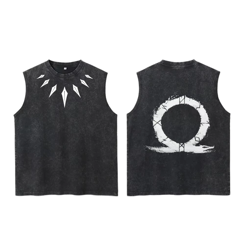 2026 New Norse Mythology Rune Omega Symbol Print Washed Sleeveless Tank Top Men Oversized Streetwear Casual Vest