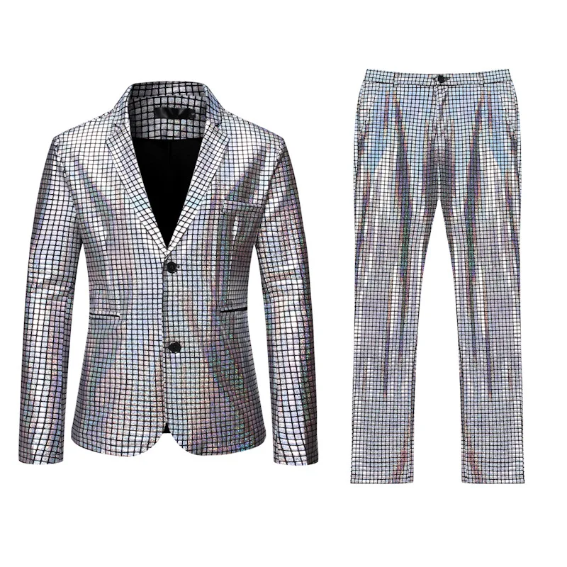 Blazer et pantalon de Rhde scène pour hommes, veste à paillettes à carreaux, costume de cosplay, costume de chanteur masculin, arc-en-ciel, or, argent, danse, fête d'Halloween