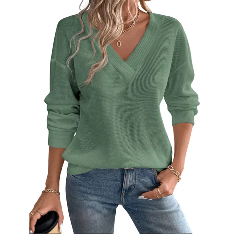 

NEW-Womens Waffle Knit Tops Fashion Long Lantern Sleeve Casual Blouses V Neck Oversized T Shirts