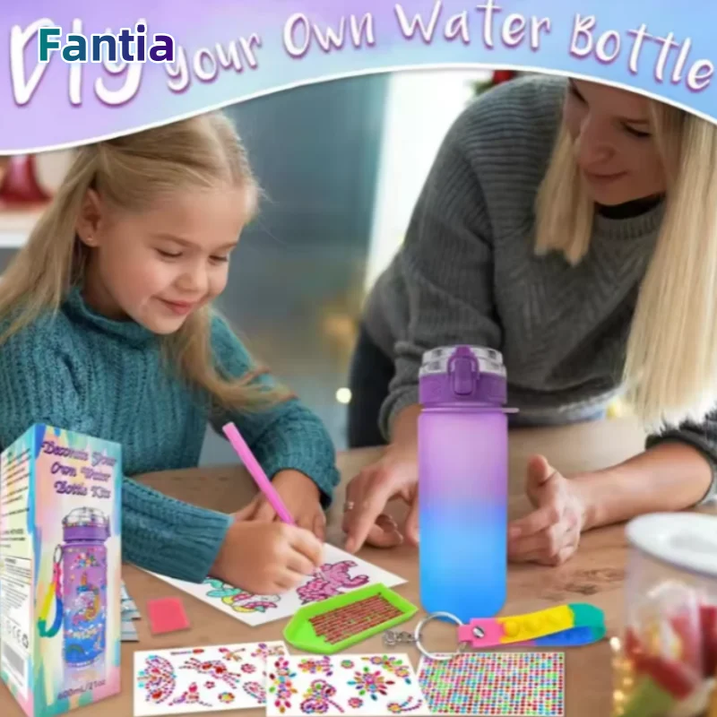 

Hot DIY Kid Water Bottle with Glitter Diamond Decorate Water Bottle Stickers Diamond Painting Crafts School Supplies Accessories