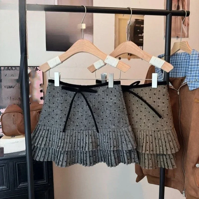 

Юбки трапециевидной формы в горошек в стиле Харадзюку, женские юбки трапециевидной формы Y2k, эстетичная мини-уличная одежда с высокой талией и бантом, винтажная плиссированная осенняя юбка