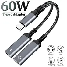 OTG 2 IN 1 USB C Splitter to Dual Type USB C Headphone Jack Audio Adapter PD 60W Fast Charger for Samsung Huawei iPhone15 Xiaomi 1