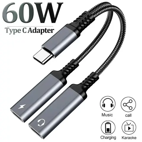 Otg 2 em 1 usb c divisor para tipo duplo usb c fone de ouvido jack adaptador áudio pd 60w carregador rápido para samsung huawei iphone15 xiaomi