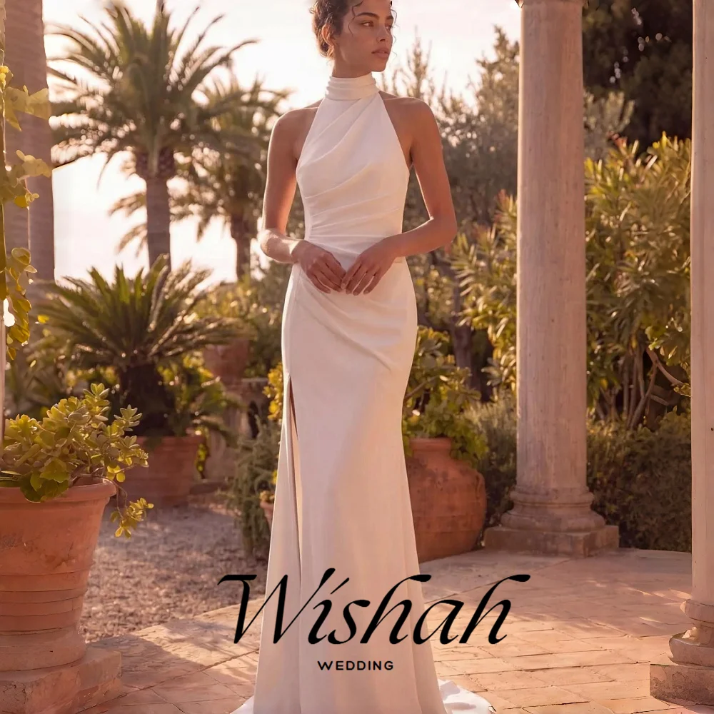 Wishah Customized Elegant White Halter Pleated Sleeveless Backless Button Forked Mermaid Long Bridal Gown for Wedding Party 2027