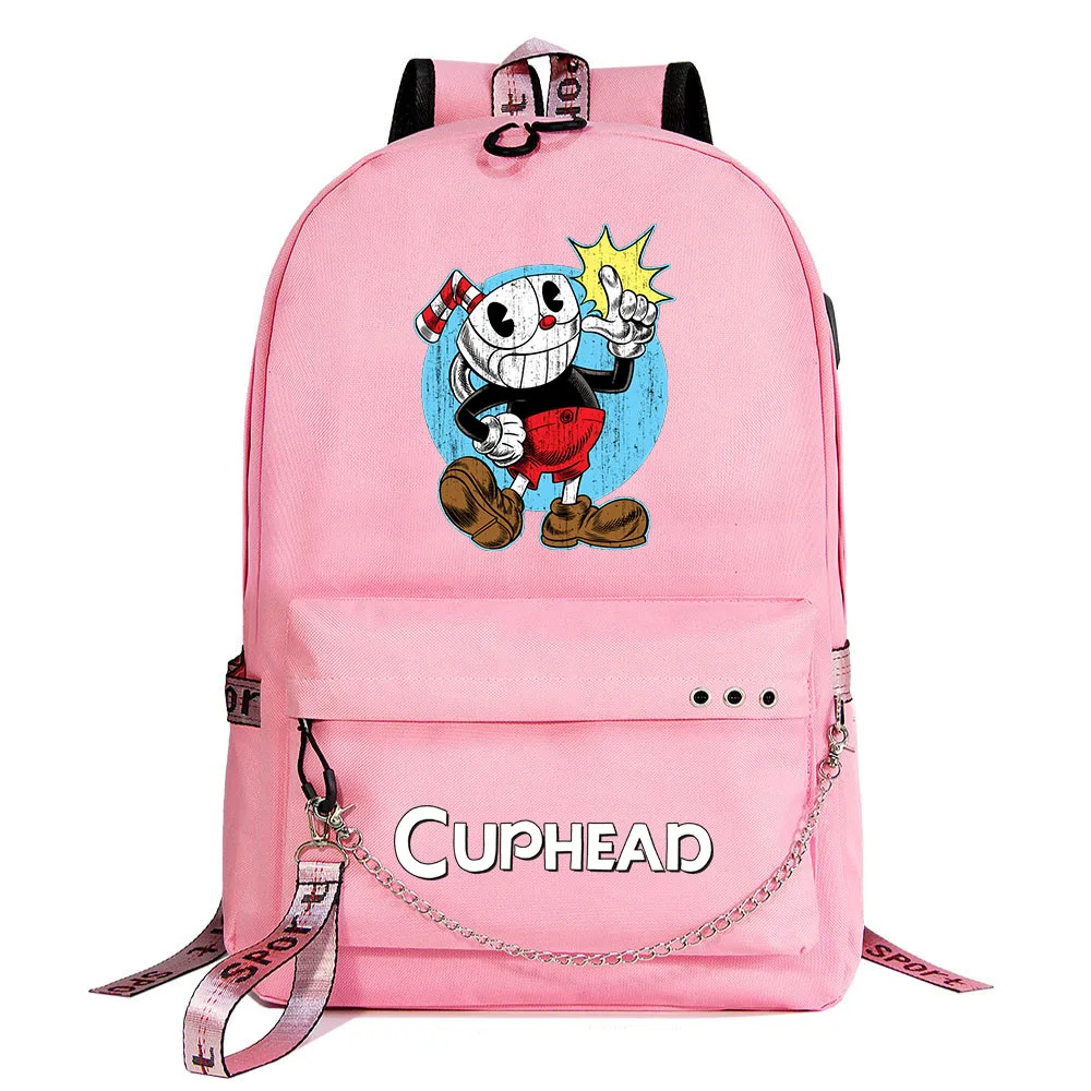 

Cuphead Game Mugman USB Backpack School Bag Laptop Rucksack Women Men Backbag Travel Daypacks Chain Leisure Backpack Mochilas