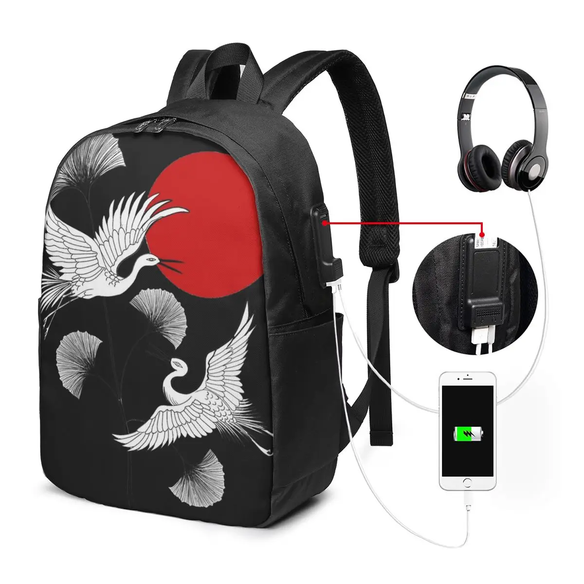 Japanese Crane And Red Sun Design Backpack Travel Notebook Bag Computer College Student School Bag Laptop Shoulder Bags