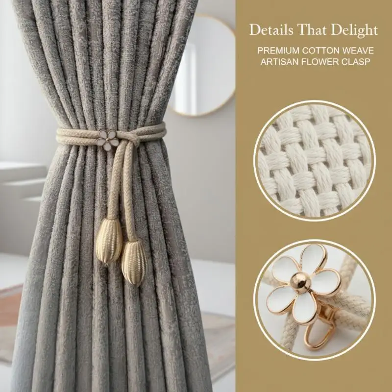 2Pcs Curtain Ties With Flower Buckles - Adjustable, No Drilling Cord Fixers For Elegant Home Decoration, Curtain Accessories