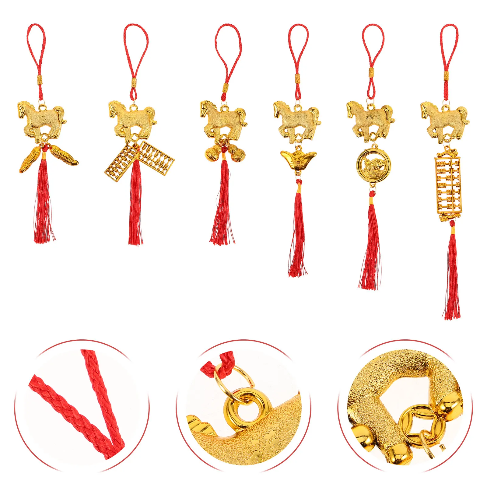 6pcs Chinese New Year Horse Statues with Red Tassels – Festive Spring Festival Hanging Decor for Home & Office