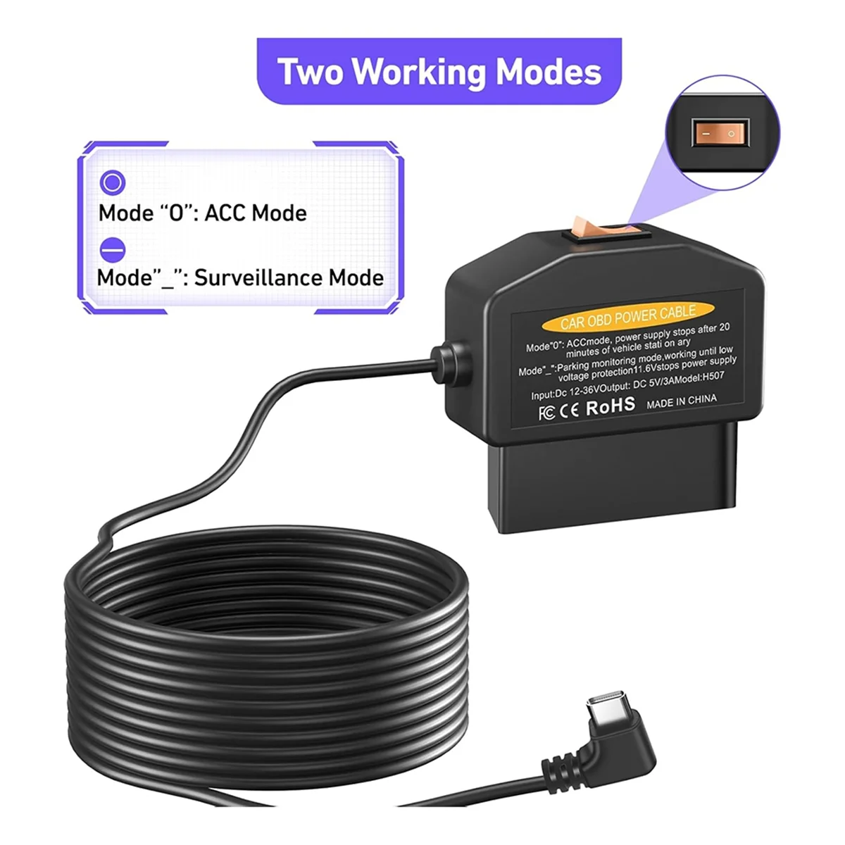 

New OBD2 OBD Power Cable for Dash Camera, OBD to Type-C USB OBDII Adapter Hardwire Charger Cable, 12-36V to 5V/3A