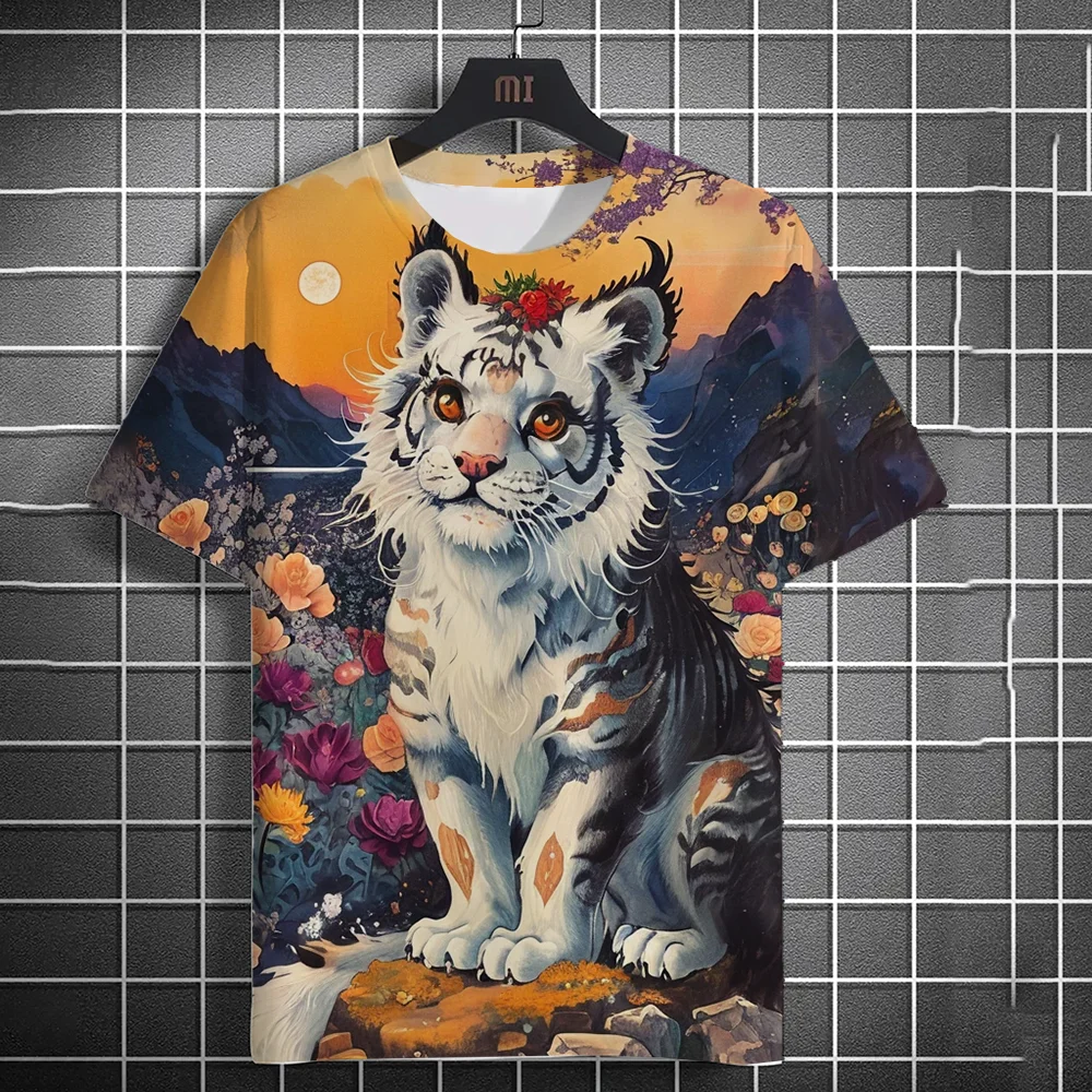 Camiseta deportiva 3D de manga corta para hombre، camisa غير رسمية de secado cepat con estampado de Tigre