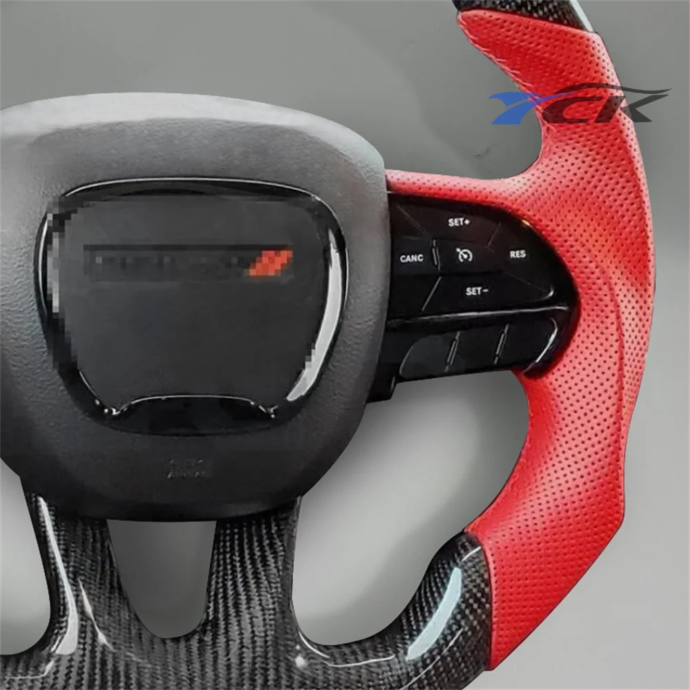 ل شاحن دودج 2015 2016 2017 2018 2019 2020 2021 2022 2023 2024 عجلة القيادة ألياف الكربون الأحمر الجلود حلقة حمراء