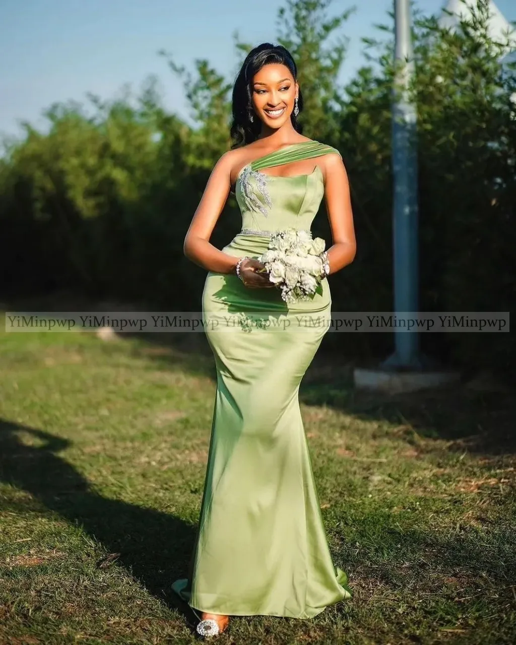 Africa Sage Green Mermaid Bridesmaid Dresses 2026 One Shoulder Garden Wedding Guest Party Gowns Maid of Honor Dress Customized