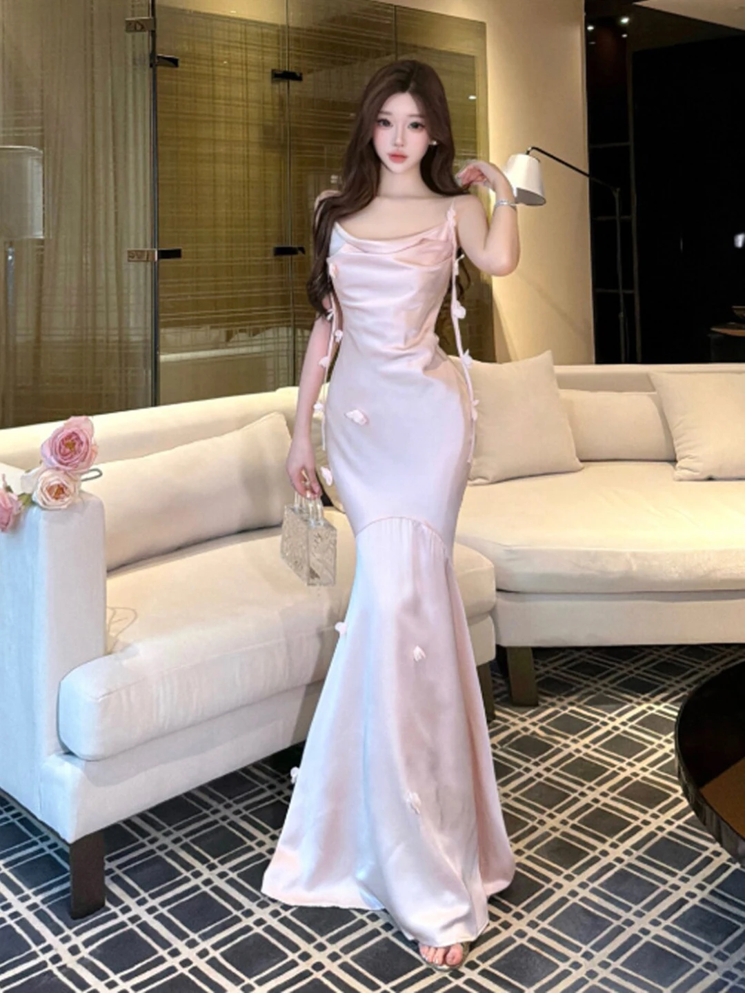 

Elegant Floral Tailored Long Dress Summer Fashion High Waist Sling Strap Fish Tail Skirt Style Women's Premium Sensation Dress