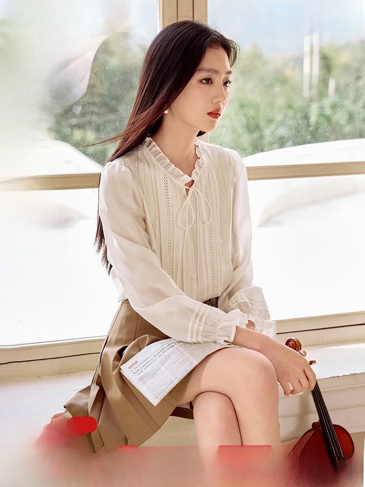 

Ele Wooden Ear Lace Collar Long Sve irt Women's Faion Design Spring Autumn Straight Cut Button up Casual Top