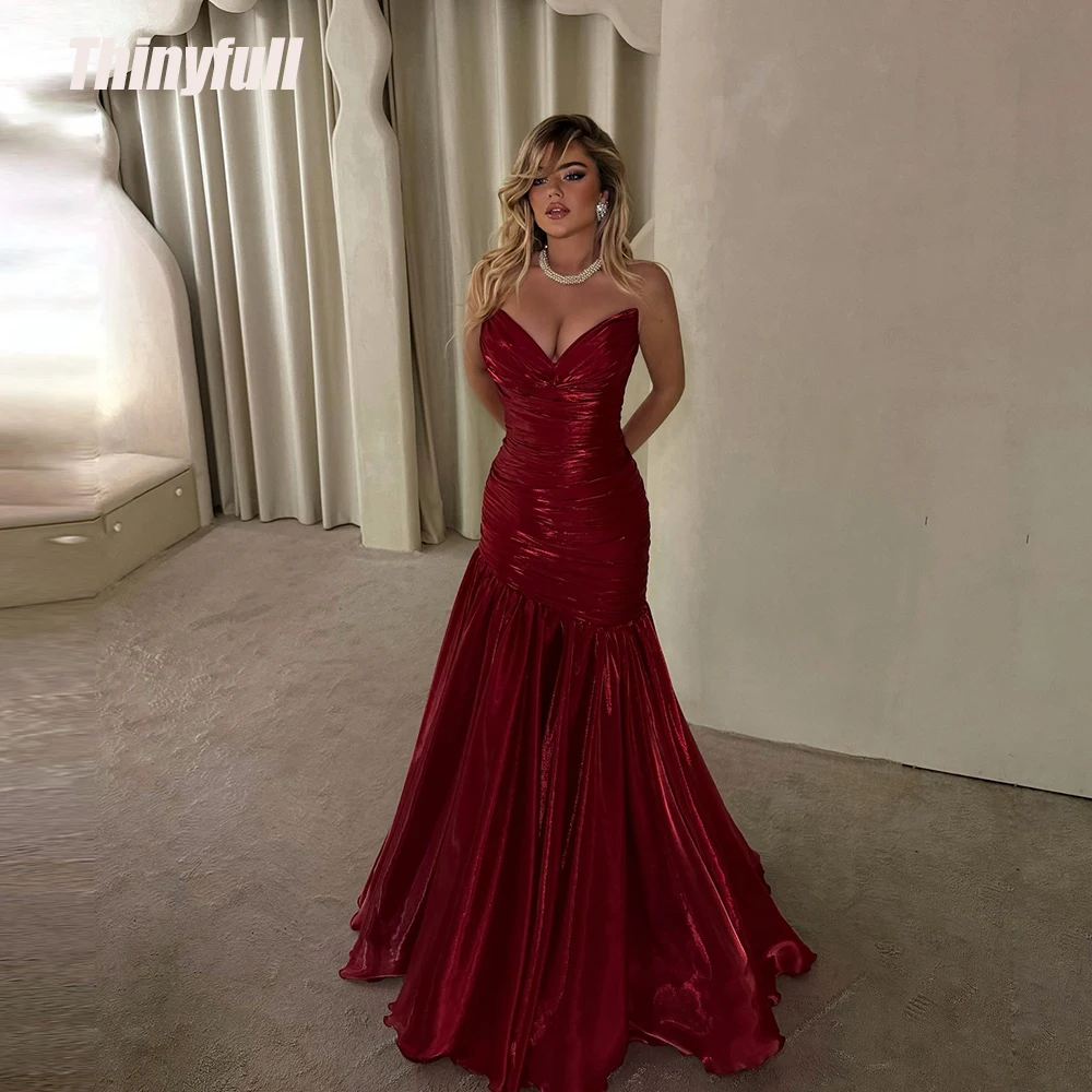 

Thinyfull Mermaid Shiny Satin Prom Dresses V-neck Sleeveless Evening Dress 2026 Long Formal Gown Robe De Soirée Customized