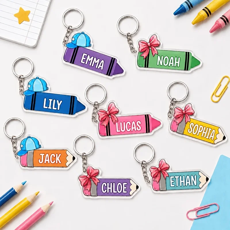 Personalized Keychain with Name Acrylic Pencil Crayon Keychain Backpack Tag for Kids Custom Name ID Tag Back to School Gift