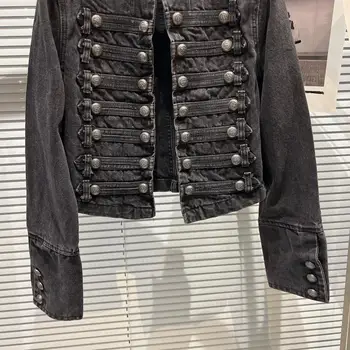 Punk Style Black Stand Up Collar Denim Jackets Vintage Washed Motor Coat For Women 2025 Autumn New Loose Long Sleeve Outerwear 5