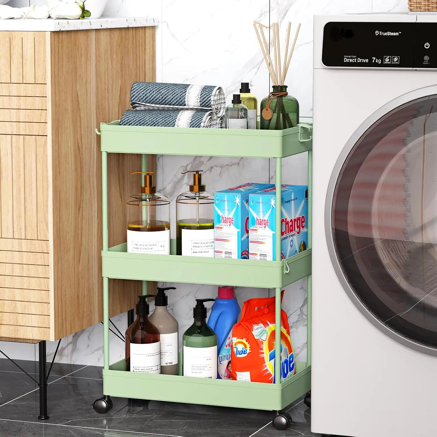 Rolling Storage Cart 3 Tier, Bathroom Cart Organizer Laundry Room Organizer Utility Cart Mobile Shelving Unit Multi-Fun