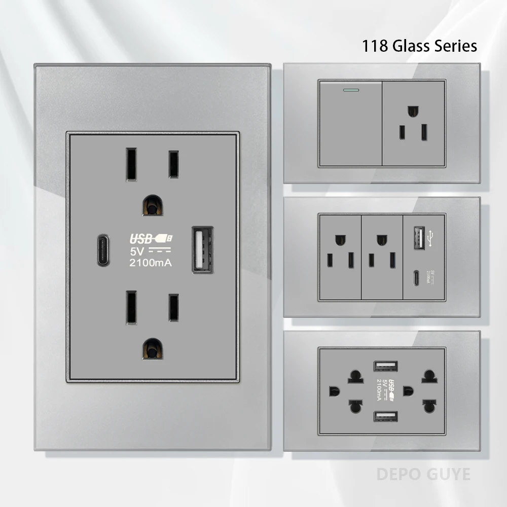 

American Standard Grey Tempered Glass USB Type-C Fast Charging Wall Socket Plug,Mexico Thai Dual Power Outlet,US Light Switch