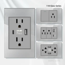 American Standard Grey Tempered Glass USB Type-C Fast Charging Wall Socket Plug,Mexico Thai Dual Power Outlet,US Light Switch