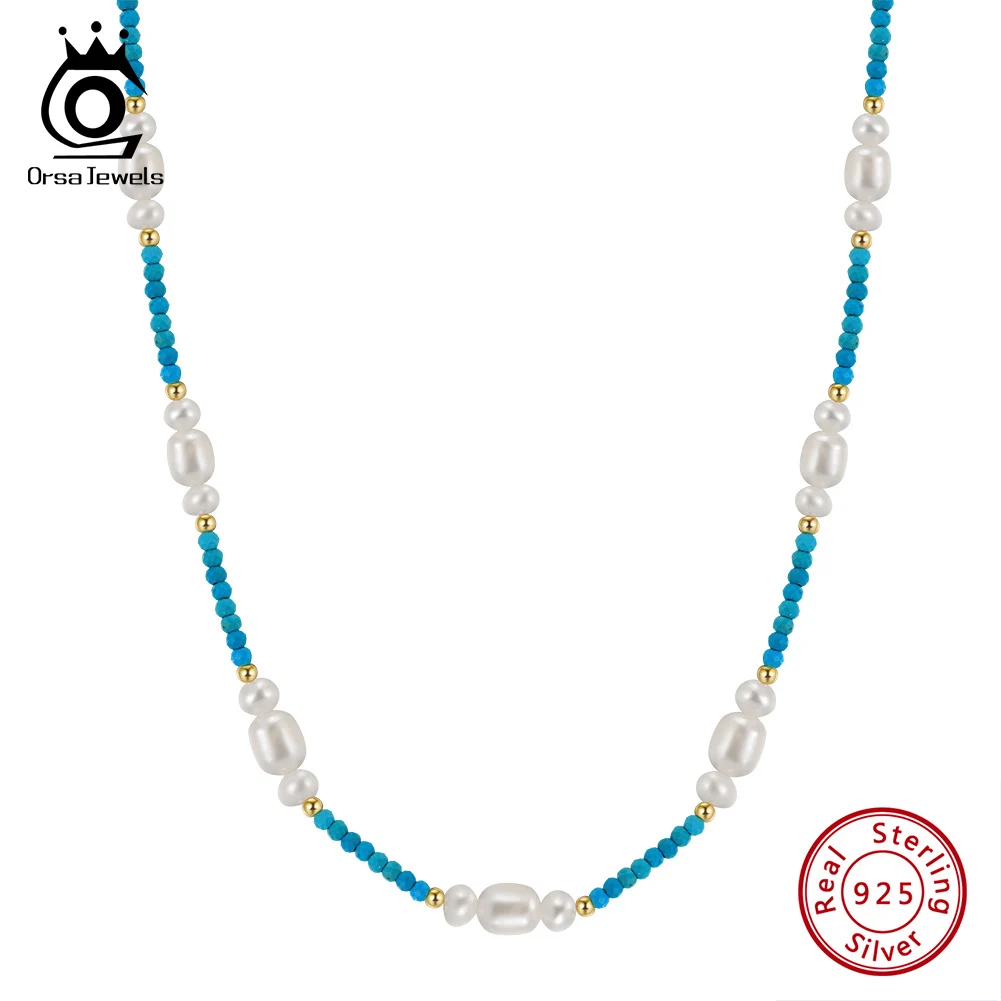 

ORSA JEWELS 925 Sterling Silver 14K Gold Plated Blue Turquoise Necklace with Freshwater Baroque Pearls Charm Choker Chain MPN03