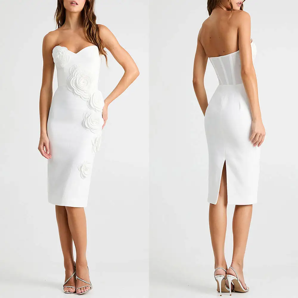 

High Quality Customized White Strapless 3D Floral Applique Midi Dress Sweetheart Neck Bodycon Formal Gown for Women Party Dress