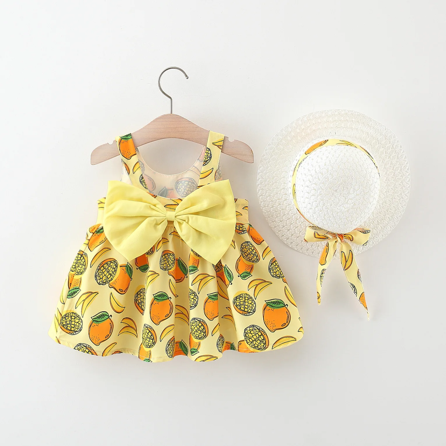 

Summer 2024 New Big Bow Sundress Girls cotton dress straw hat
