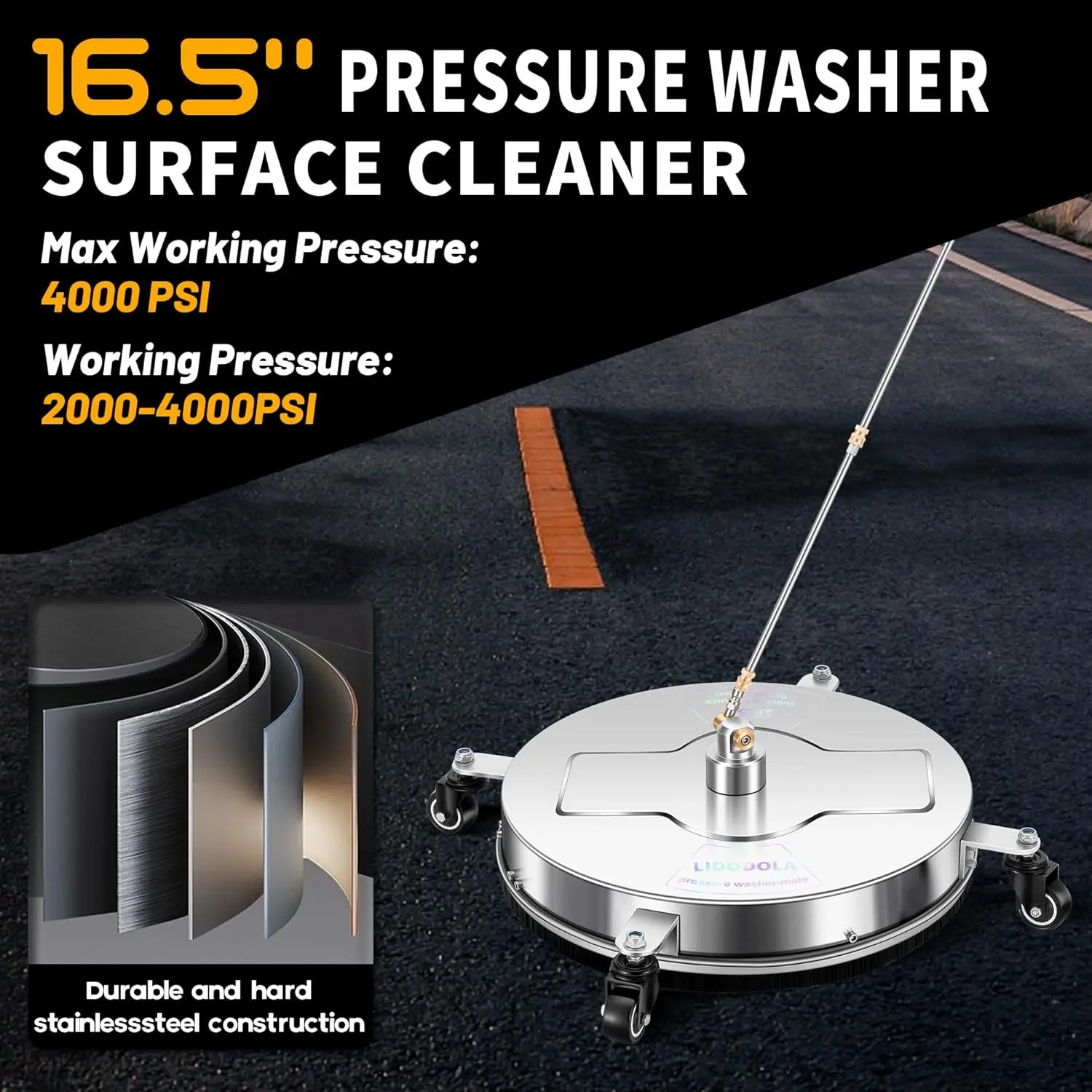 Washer Surface Cleaner with 4 Wheels - Stainless Steel Surface Cleaner for Pressure Washer Attachment for Concrete