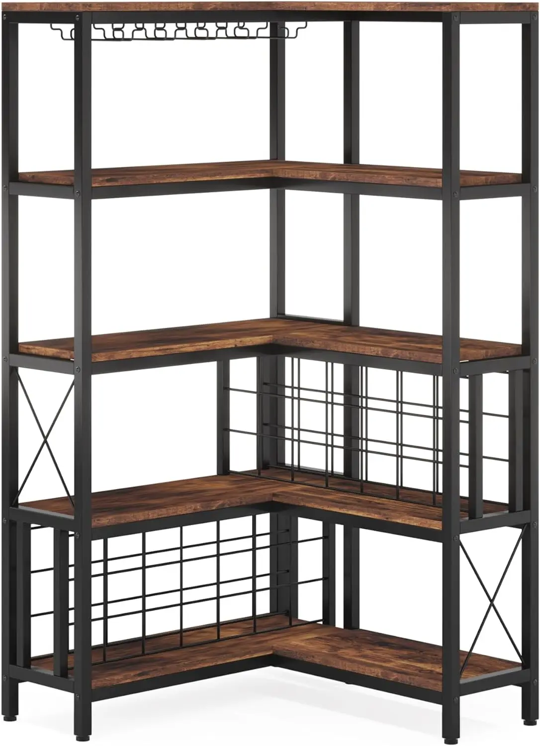 Corner Wine Rack 5-Tier L Shaped Bar Cabinets for Liquor and Glasses Storage for Home Kitchen Dining Room, Rustic Brown