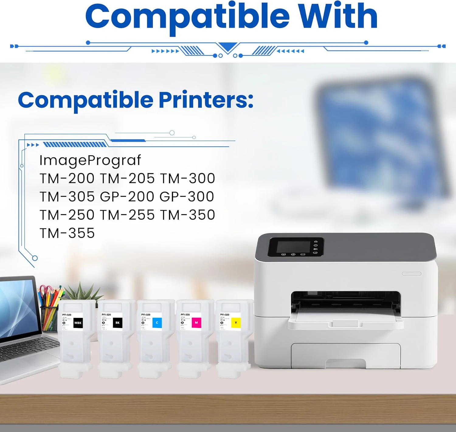 5pack PFI-320 Refillable Ink Cartridge For Canon imagePROGRAF TM-200 TM-205 TM-300 TM-305 TM-250 255 350 355 GP-200 300 Printer