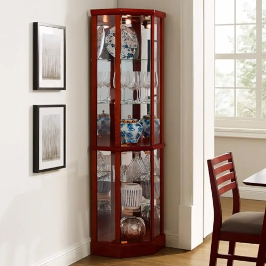 Corner curio cabinet for living room, tempered glass doors and shelves, light oak finish, LED lighting and adjustable shelving view 3