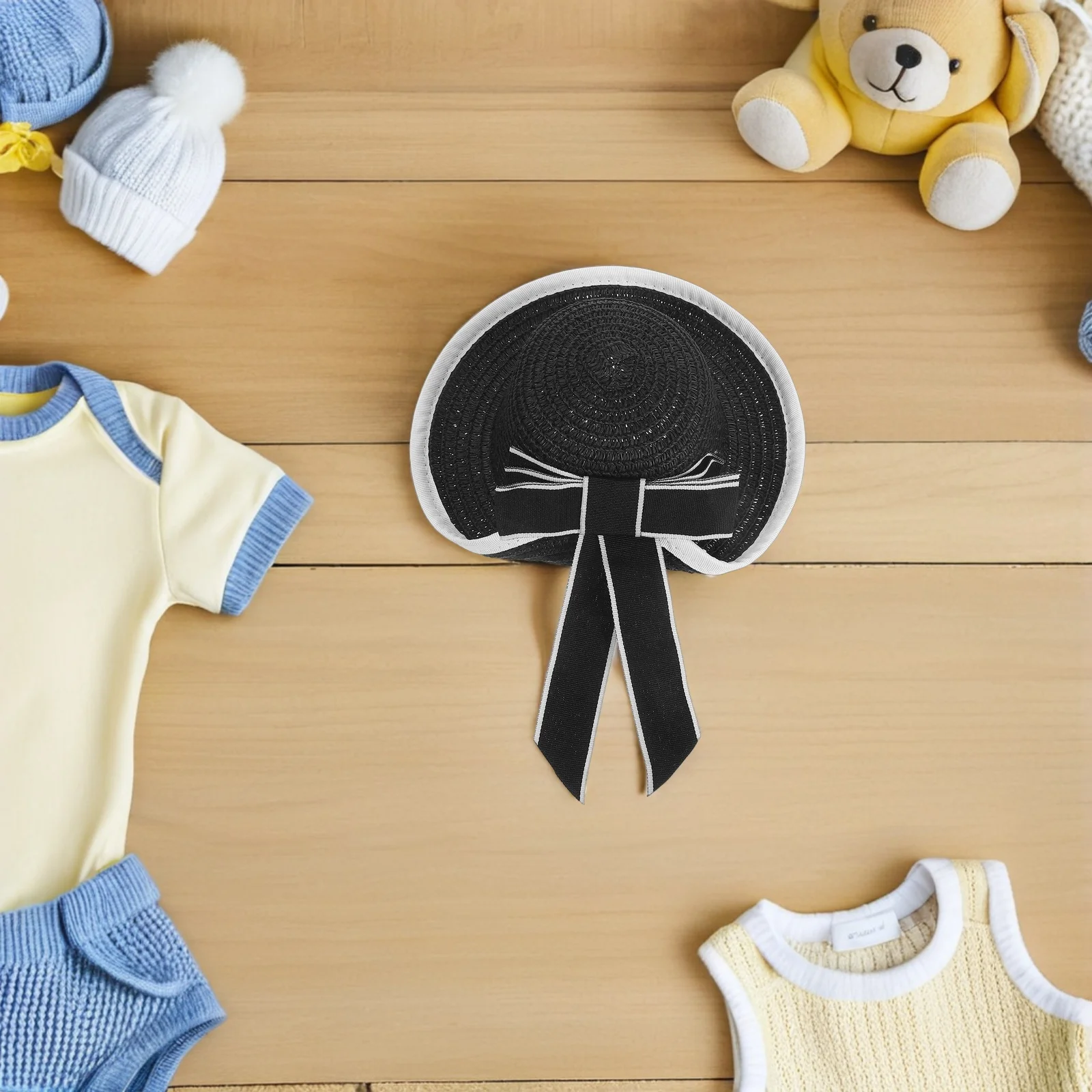 หมวกฟางจิ๋วพร้อมริบบิ้นลูกไม้ เนื้อสัมผัสสมจริง สำหรับตกแต่งบ้านตุ๊กตา งานประดิษฐ์ ของตกแต่งขนาดเล็ก