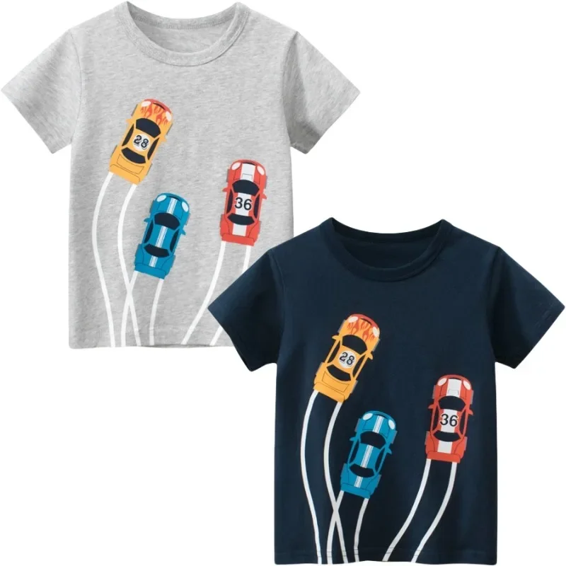 Dropshipping 2PCS/set 2025 Summer New Boys' Car T-Shirts Truck Bus Children Tops Short Sleeve Cotton Kids Clothes 2-10Y