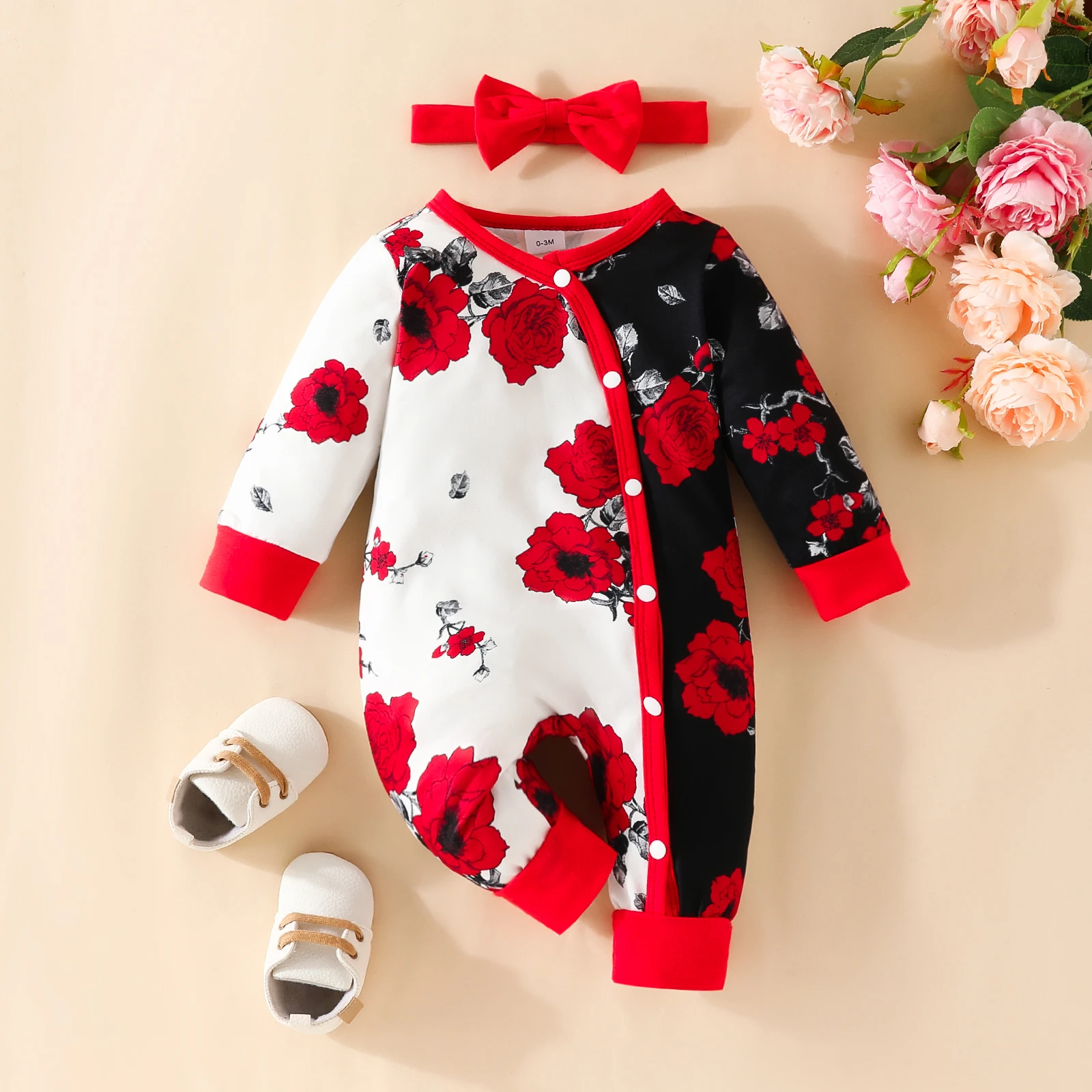 2pcs Baby Casual Cute Flower Print Long Sleeve Long Leg Bodysuit Multicolor Baby Girl Romper