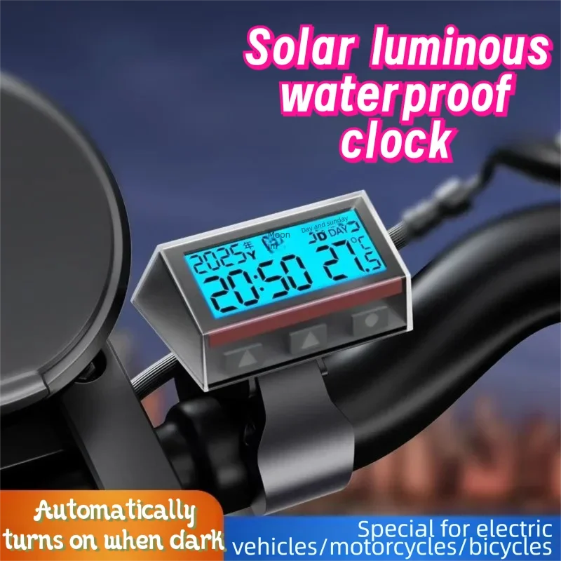 Solar Motorcycle Digital Clock with Date Week Temperature LCD Backlit Display Waterproof Thermometer with Motorcycle Stand