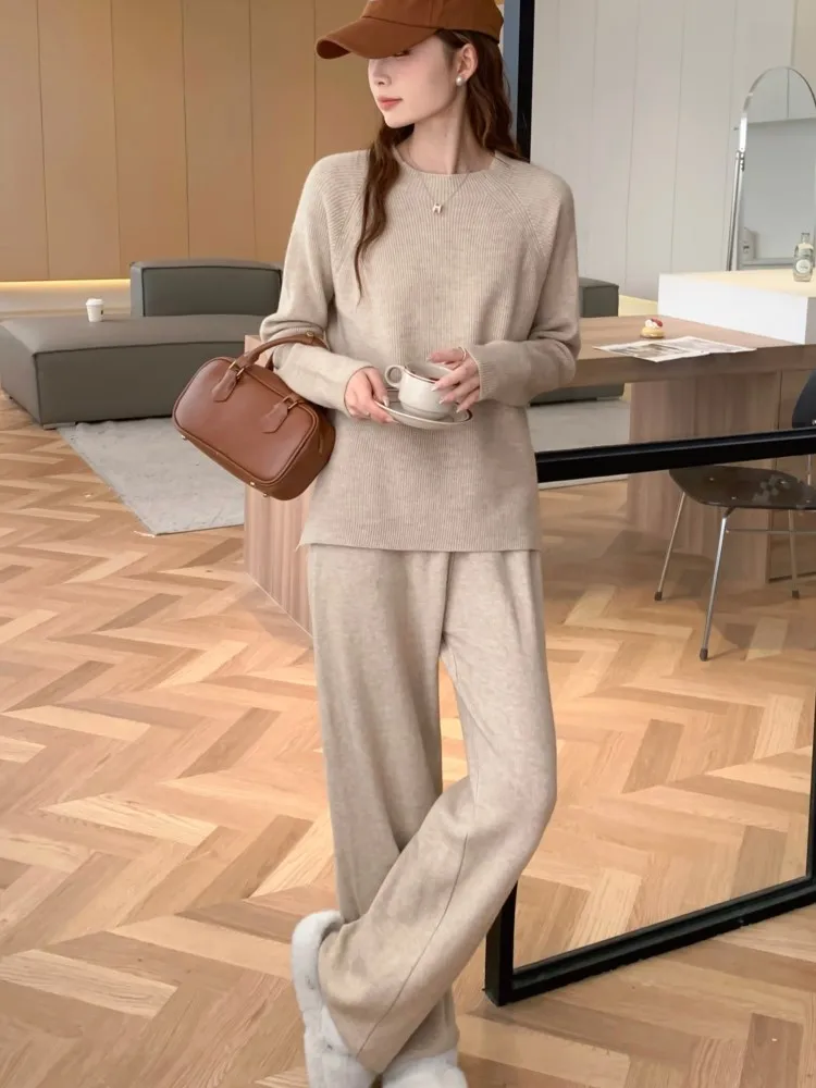 Autumn Casual Sport 2 Piece Set Women Pullover Sweater Knitted Tracksuit High Waist  Straight Pants Suit Female Elegant Clothes