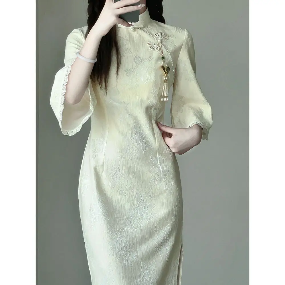 

Women Beige Lace Cheongsam Dress Vintage Girl Traditional Big Sleeve Dresses Improved Spring High Quality Long Qipao S To XXL