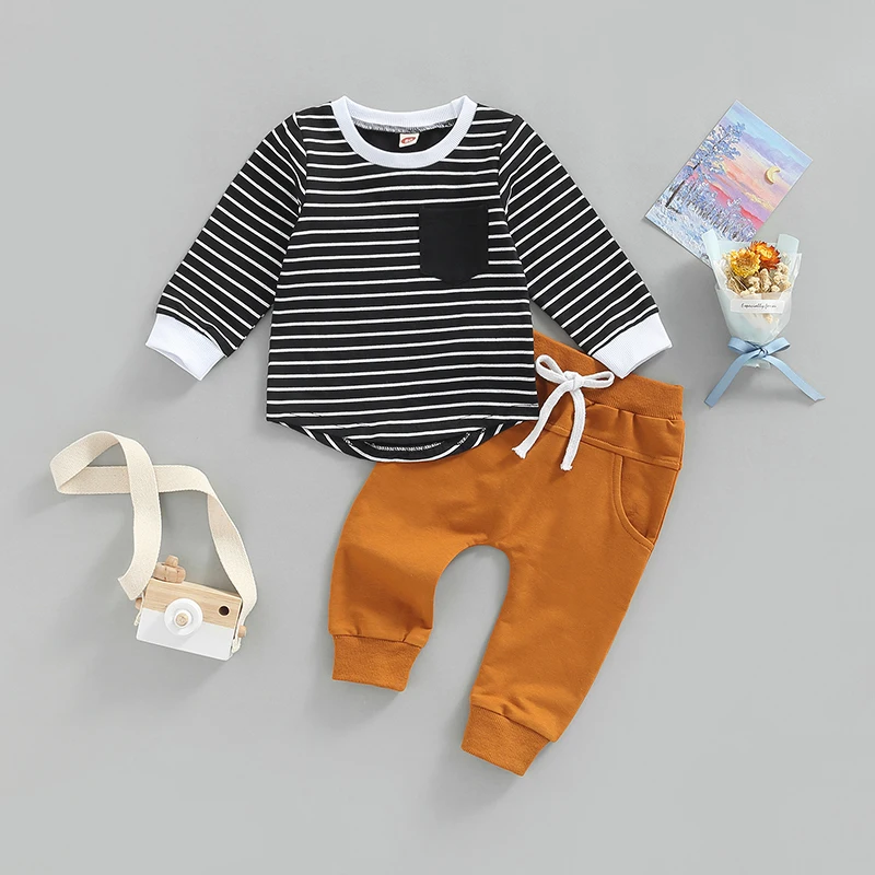 

Infant Toddler Outfit Striped Long Sleeve Shirt with Drawstring Pocket Pants for a Stylish Casual Look