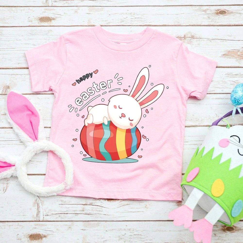 Happy Easter Cute Bunny Print Kids T-shirt Boys Girls Easter Party Outfit Child Holiday Shirts Toddler Short Sleeve Tee Clothes