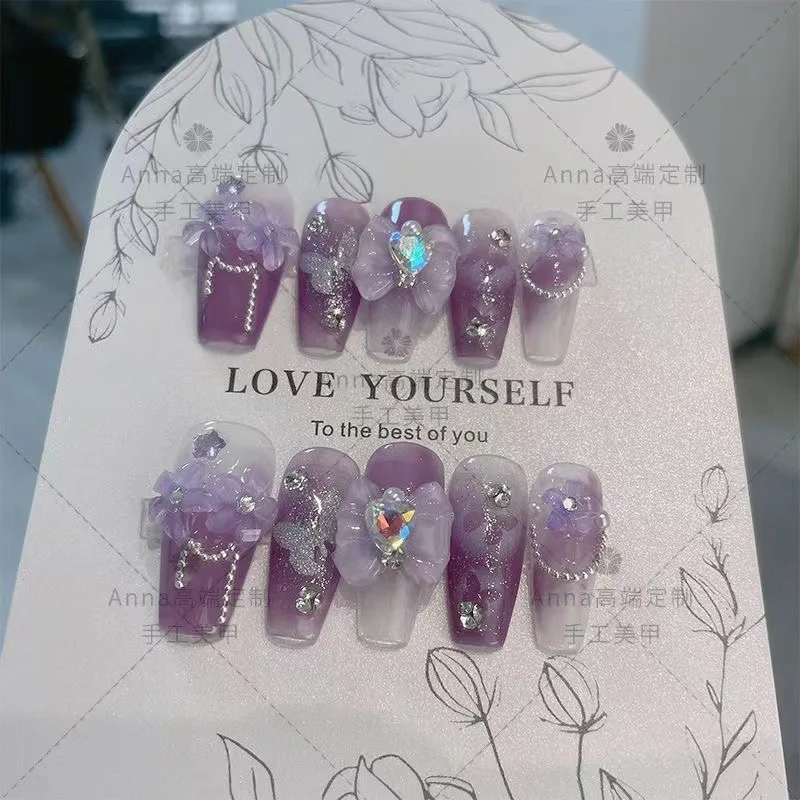 10pcs Handmade Press-On Nails – Purple Galaxy Transparent Look, Fairy-Style Iris with Rhinestones, Elegant Cool Vibe