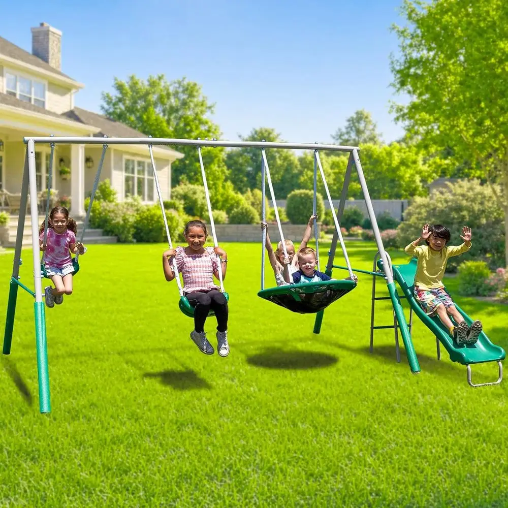 Northridge Metal Swing Set, 500 lb acity, 3in Saucer, 2 Blow-Molded Swings, on 5t Slide, Durable 6t e, Outdoor Backyard Playset
