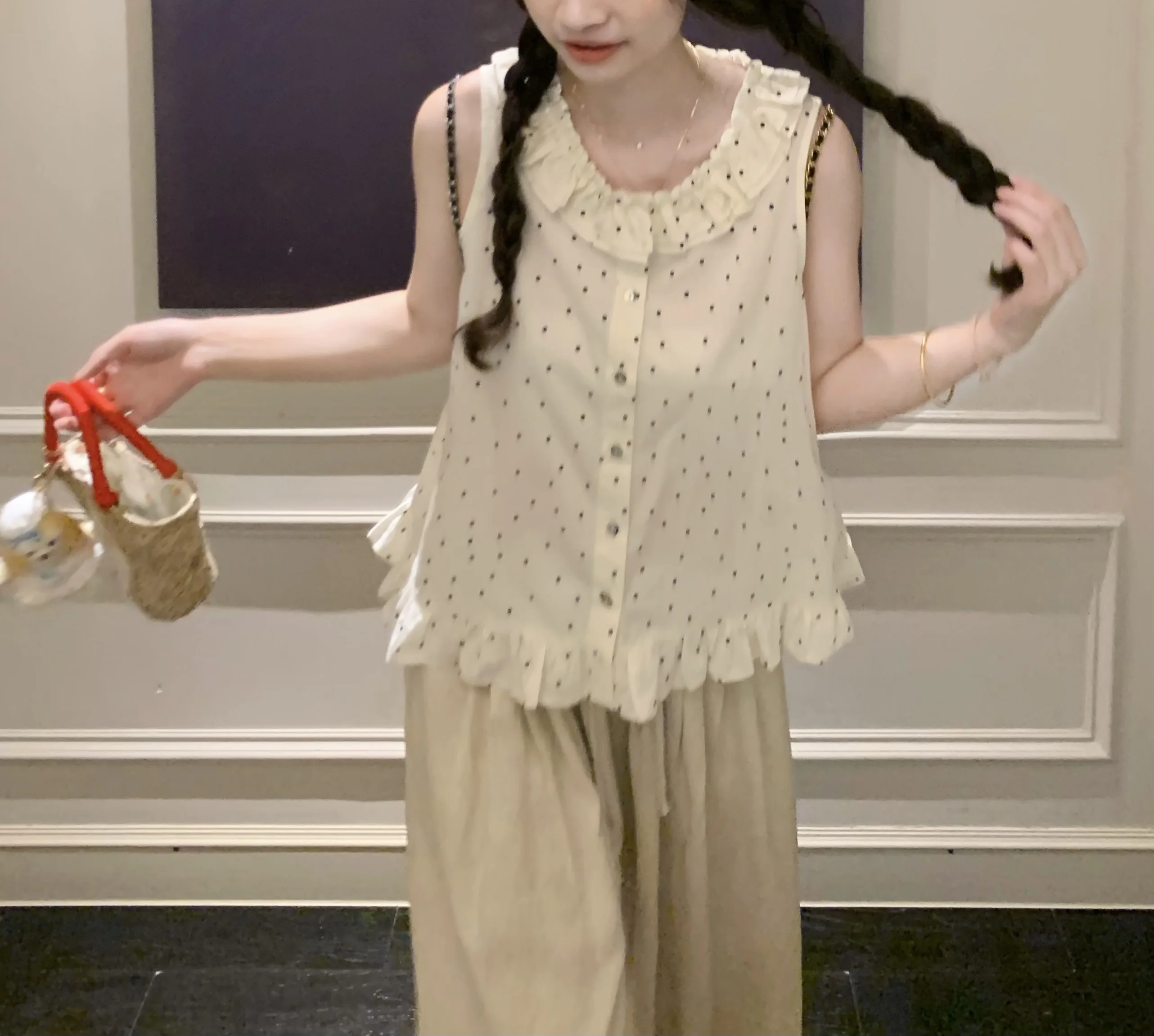 

Милый хлопковый жилет в горошек с воротником для девочек Sweet Sle Loose Fit No Sve round Ne Spring Season Women's Faion