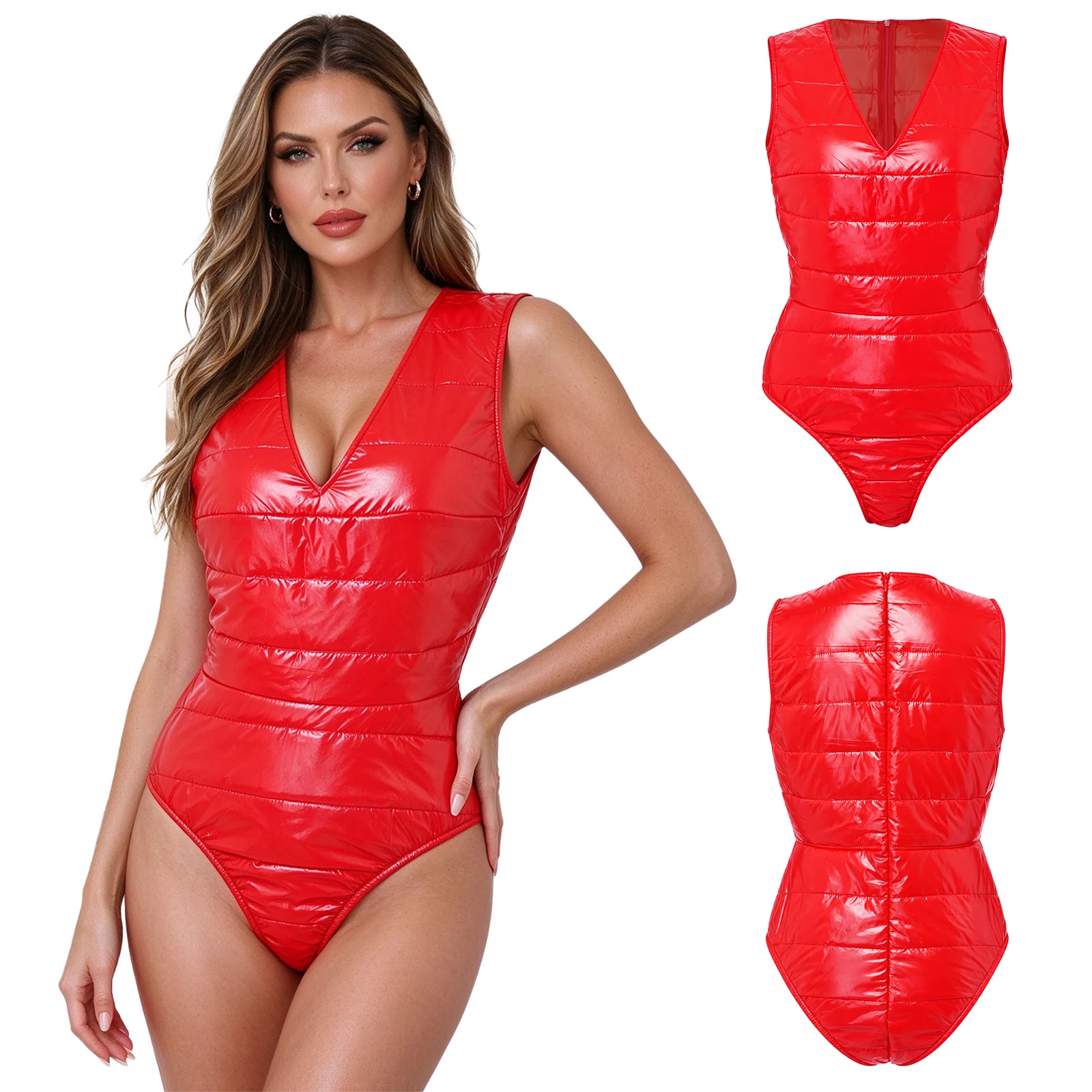 Womens Water-resistant Padded Bodysuit Deep V-neck Sleeveless Leotard for Music Festival Rave Party Clubwear Stage Show Night