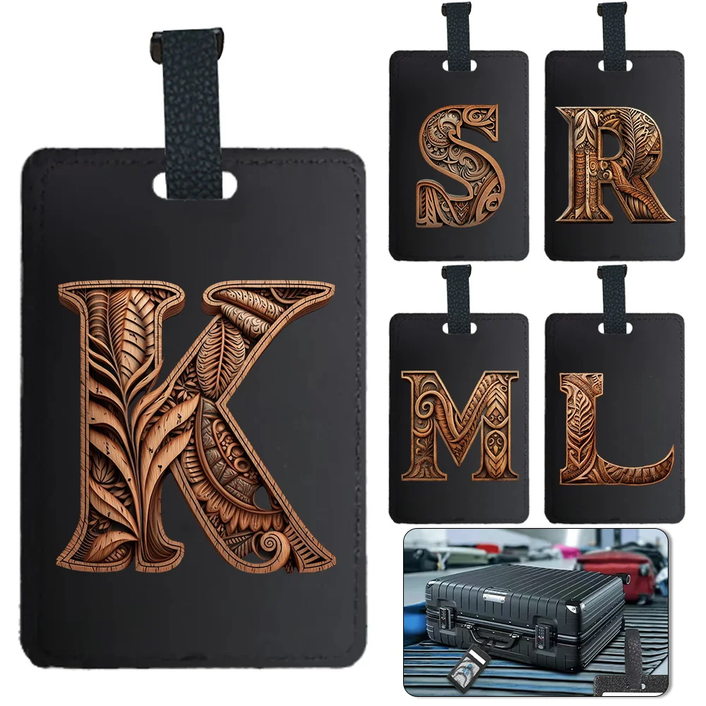 Pu Luggage Boarding Tag Personalized Luggage Tag Fashion Suitcase Identifier Label Wood Art Letter Pattern Travel Accessories