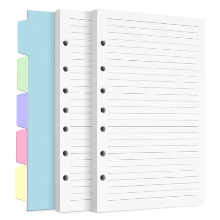 A5 Refill Paper, 7-Hole Planner Inserts for A5 Binder Budget Planner Journals Notebook, Loose Leaf Lined Paper with Binder Divi